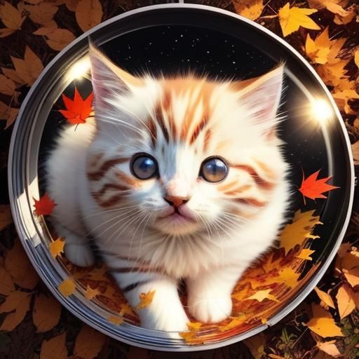 Cute Kitten Plays in Autumn Leaves