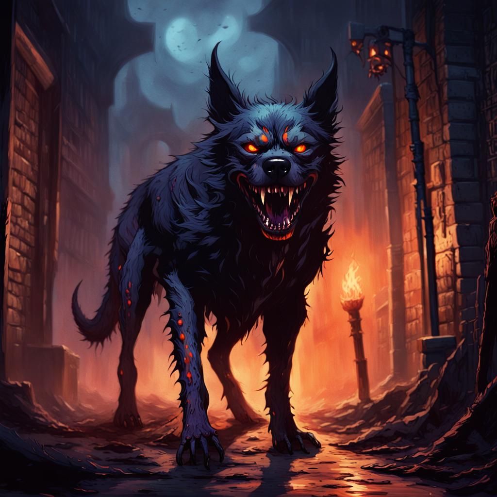 Terrifying Demon Dog Emerges from Shadows in Dark Fantasy