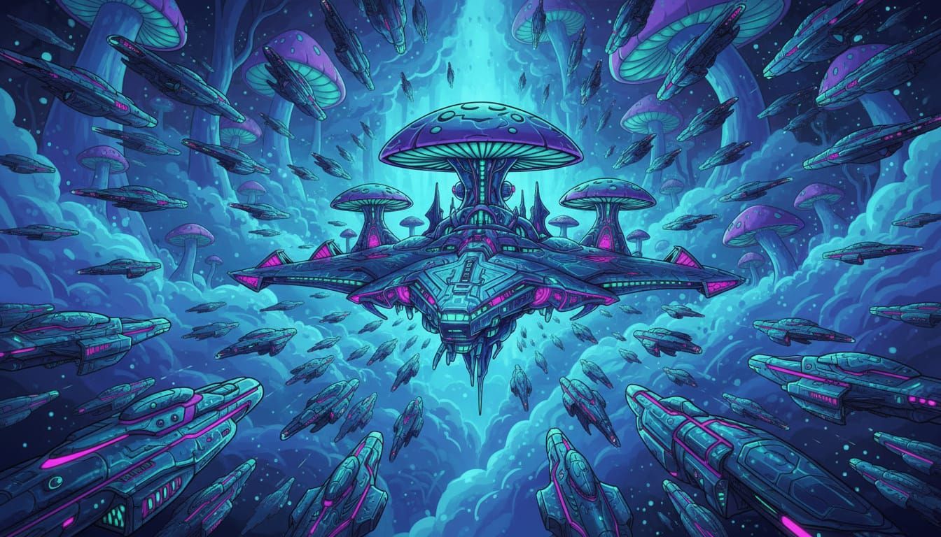 Mushroom Armada: A Cosmic Fleet in Sci-Fi Style
