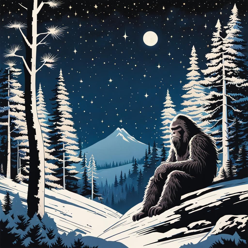 Sasquatch in Starry Forest, Gyotaku Comic Art