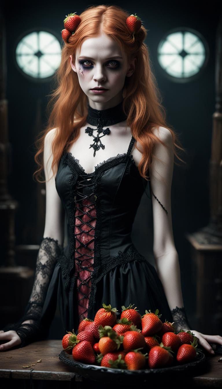 Strawberry Goth Girl in Dark Studio
