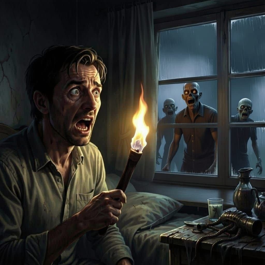 Man's Terrified Face in Chiaroscuro Horror Scene