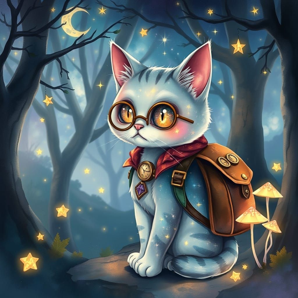 Celestial Cat in Whimsical Forest Landscape