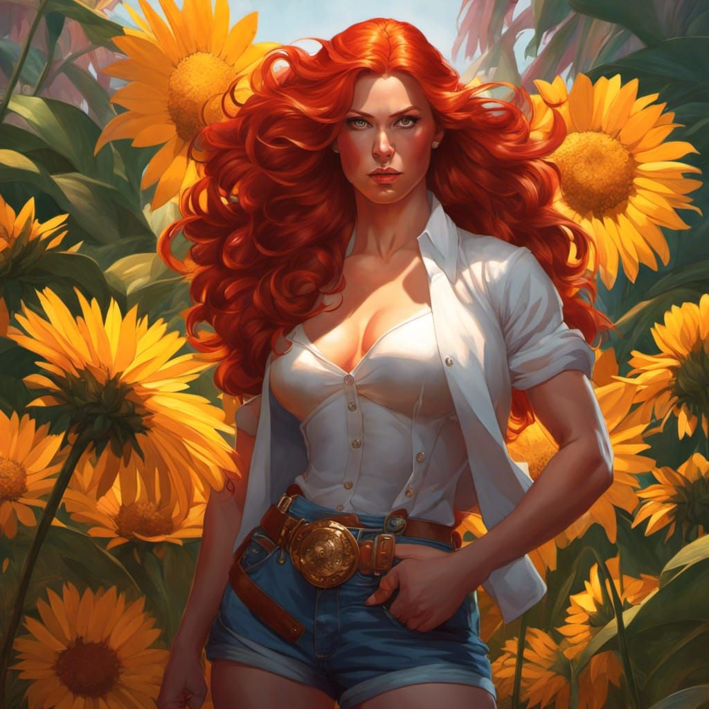 Muscular Woman Portrait with Red Hair, Digital Art