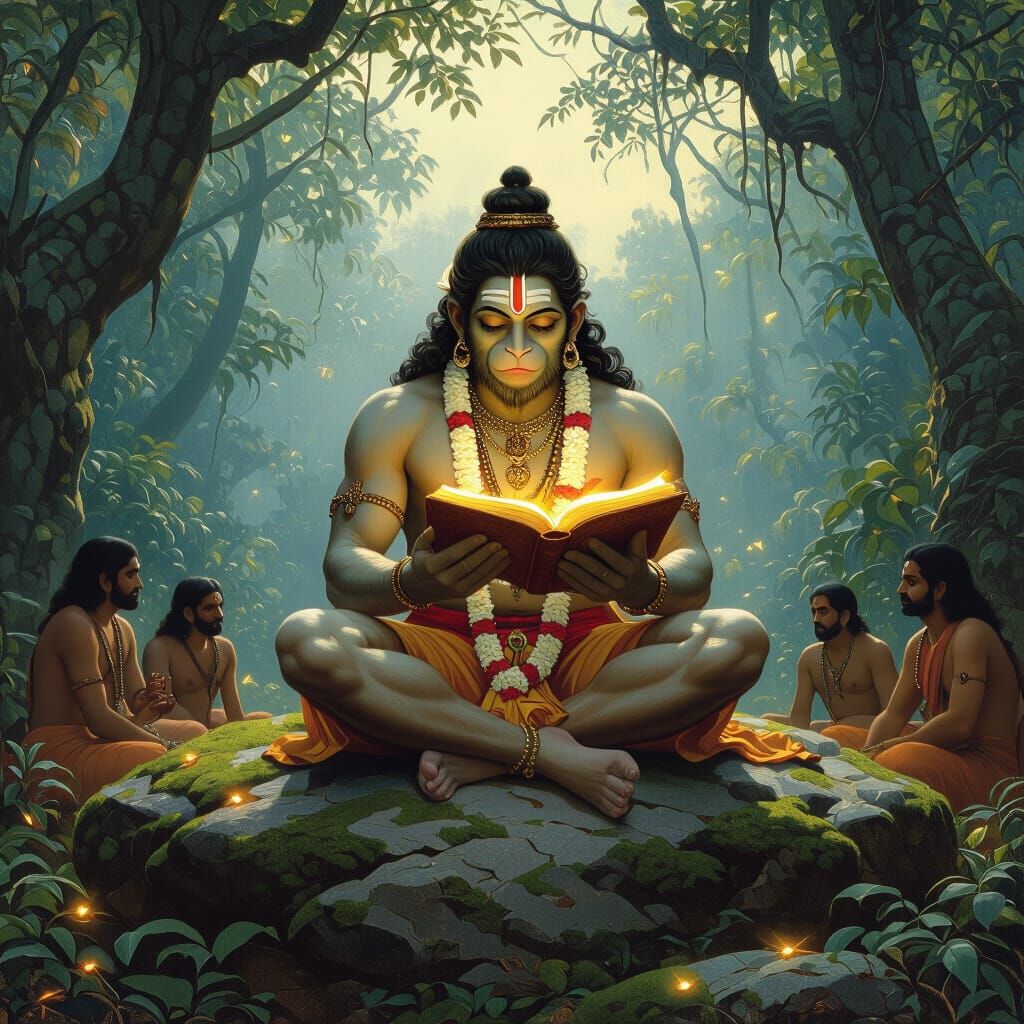Hanuman Reading Scriptures in Forest, Raja Ravi Varma Style