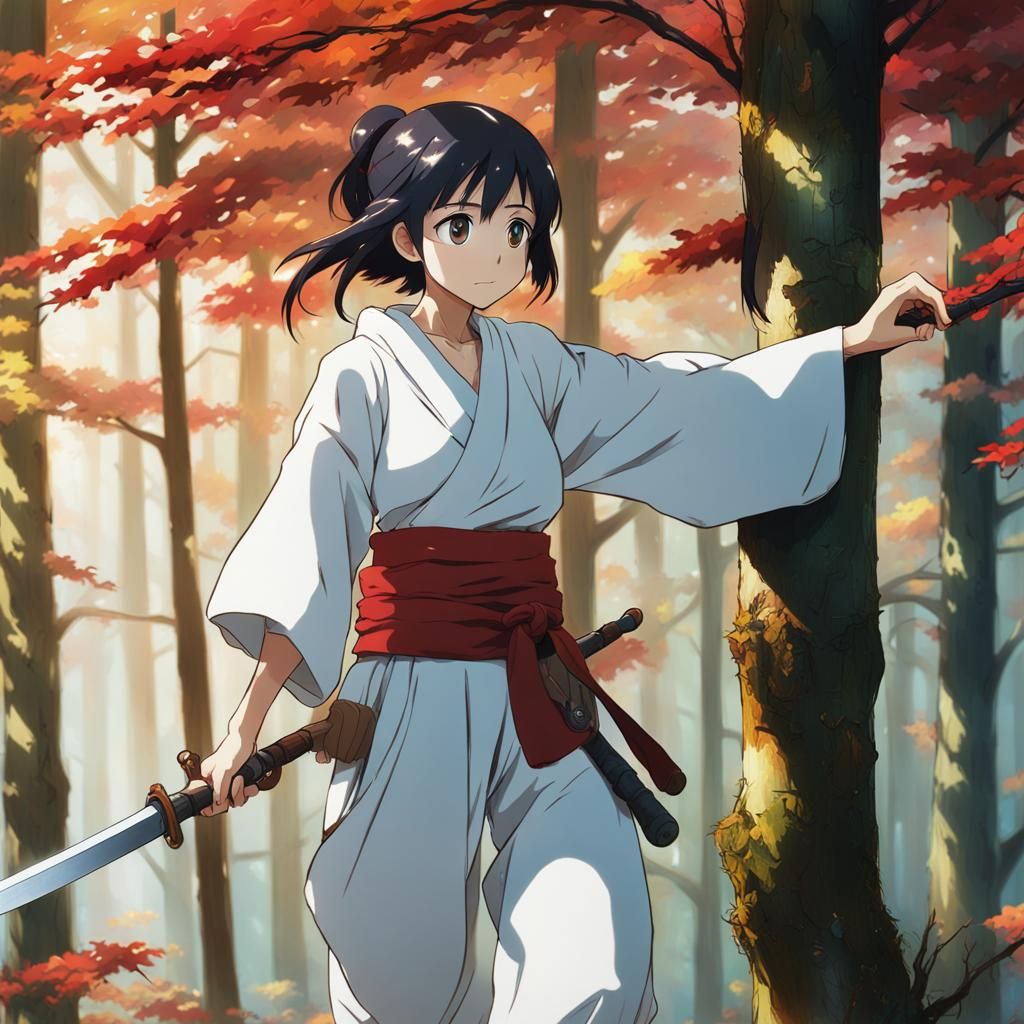 Anime Girl in Autumn Forest, Ghibli-Shinkai Style