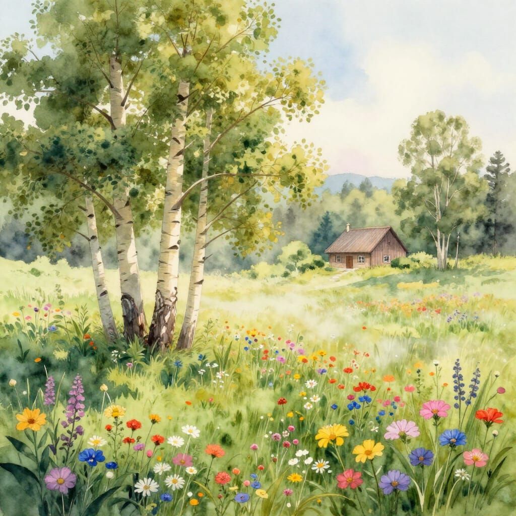 Idyllic Meadow Landscape with Aspen Trees and Cottage in Wat...