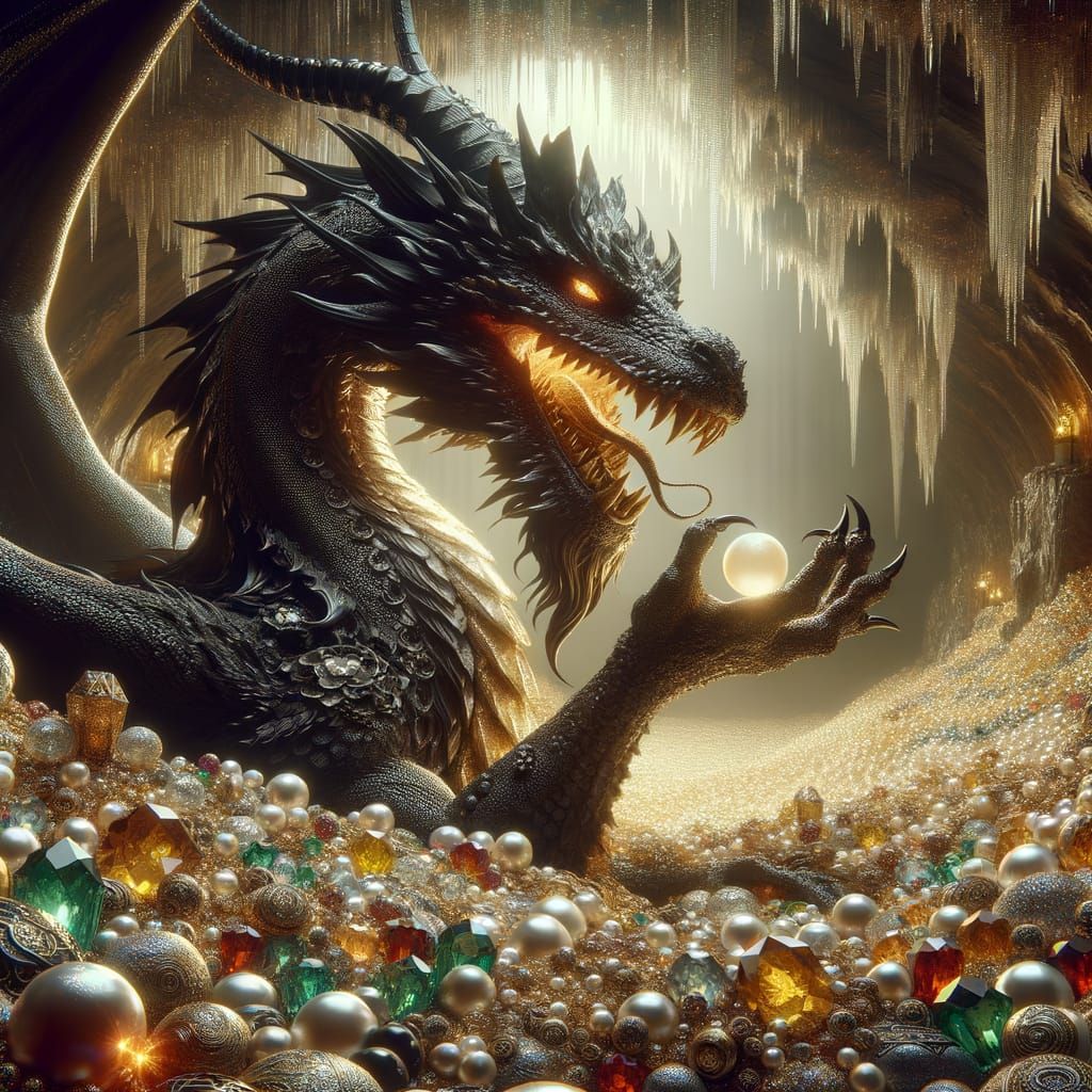 Wise Black Dragon Guards Treasure Lair with Wisdom Pearl