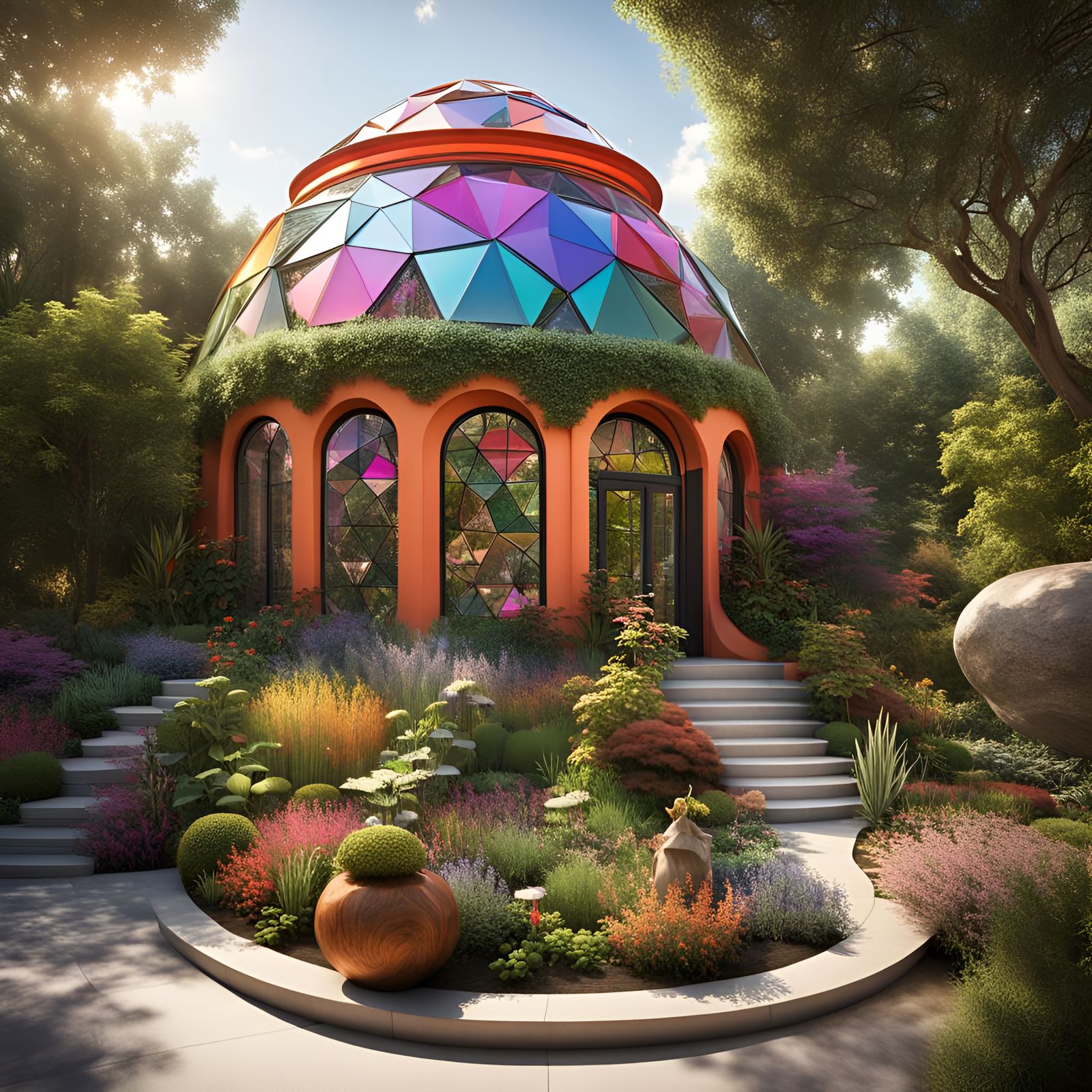 Futuristic Dome Tower with Maximalist Origami Garden