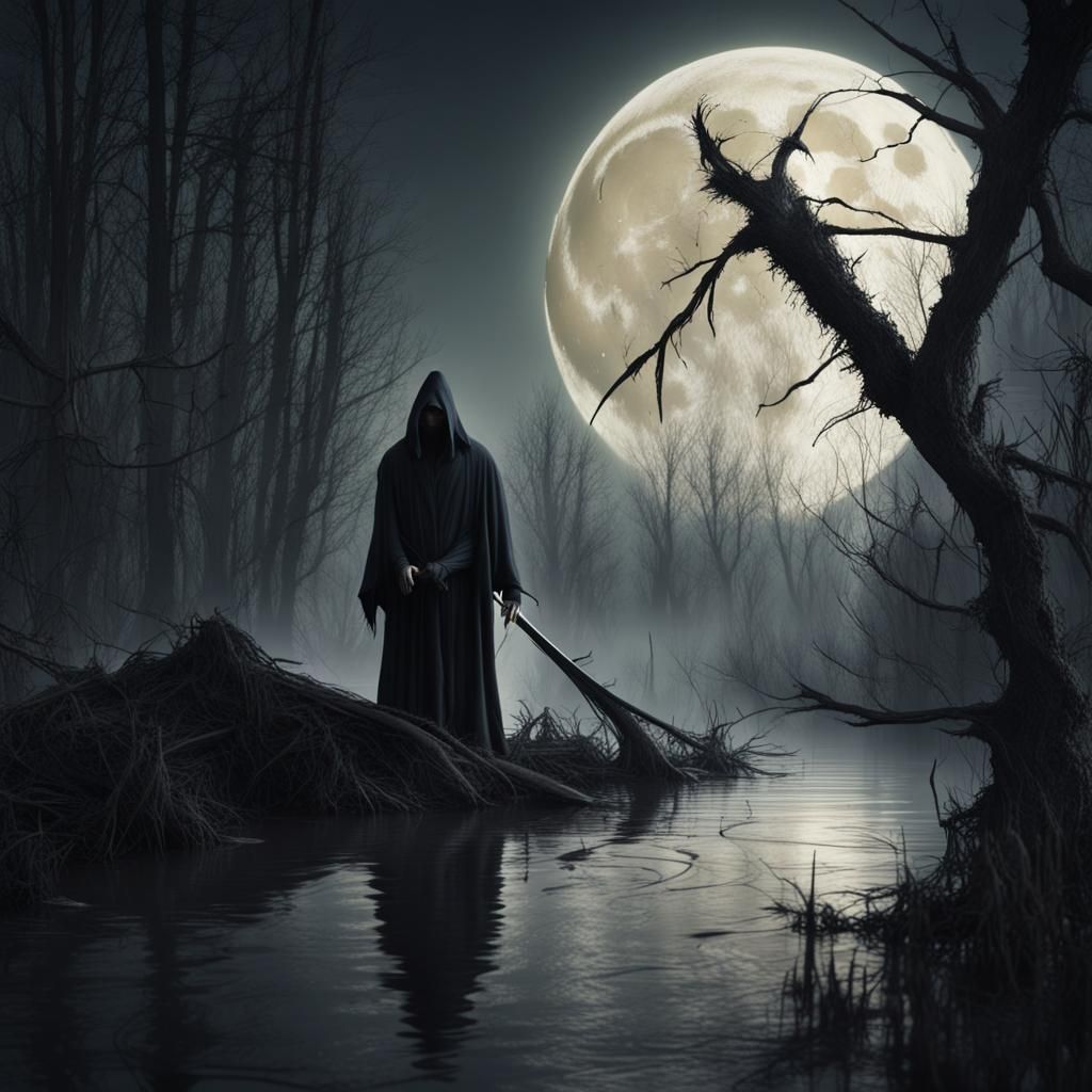 Grim Reaper in Dark Forest River: Photorealistic 8K