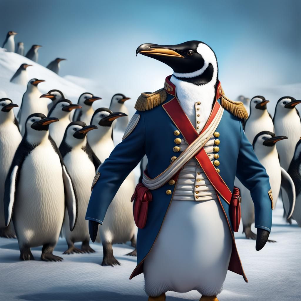 Penguin Napoleon Leading Army in Hyperrealistic Style