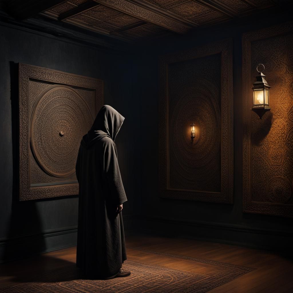 Enigmatic Hooded Figure in a Mysterious Room