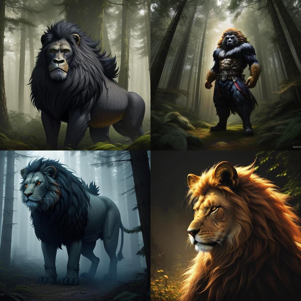 Lion-Gorilla Hybrid in Anime Style Forest