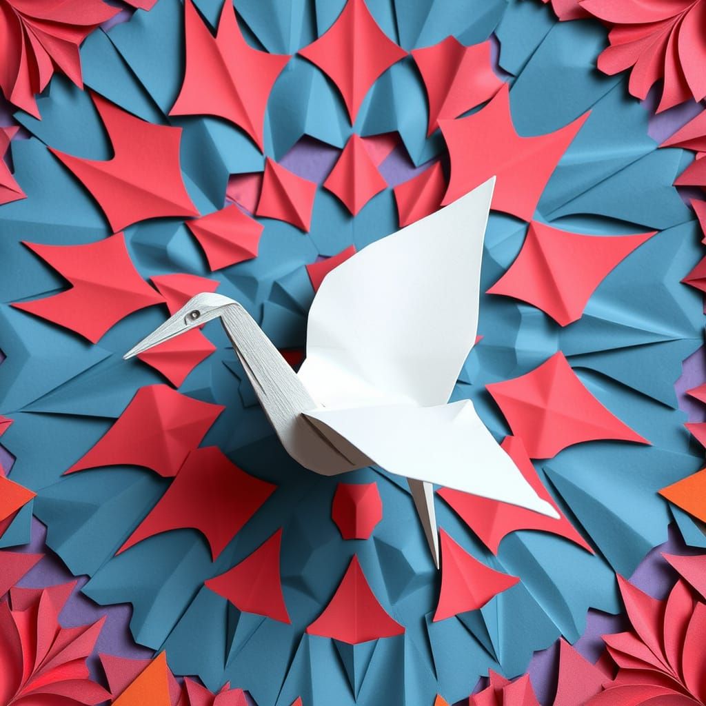 Intricate Origami Crane with Papercraft Background