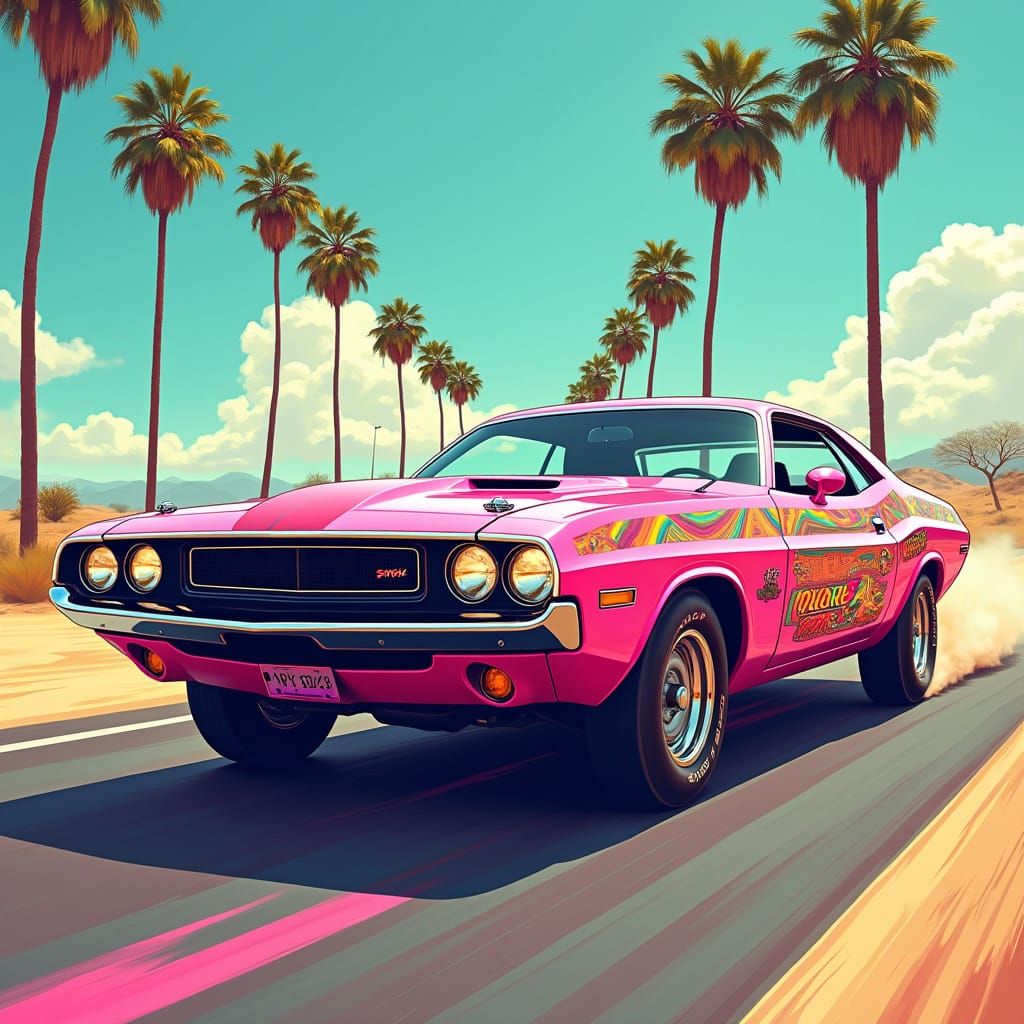 Retro-Futuristic 1970s Dodge Challenger Speeds Down Palm-Lin...