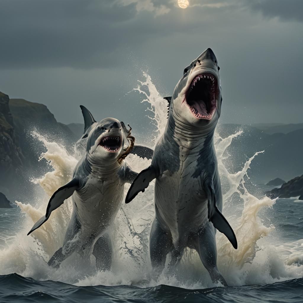 Great White Shark-Horse Hybrid on Rocky Coastline