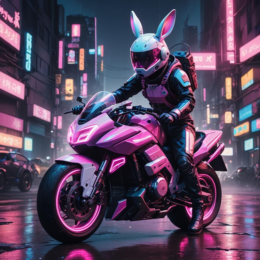Cyberpunk Bunny Astronaut Rides a Neon Motorcycle