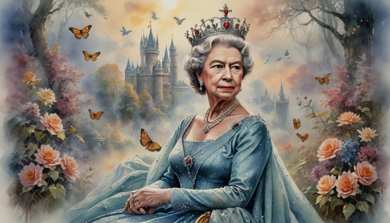 Queen Elizabeth II Watercolor Portrait in Ethereal Style