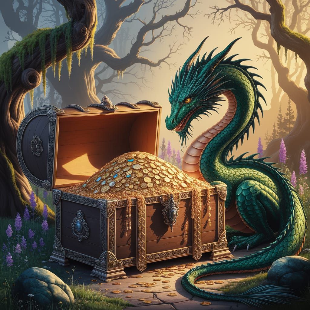 Dragon Guarding Treasure Chest in Fantasy Grove