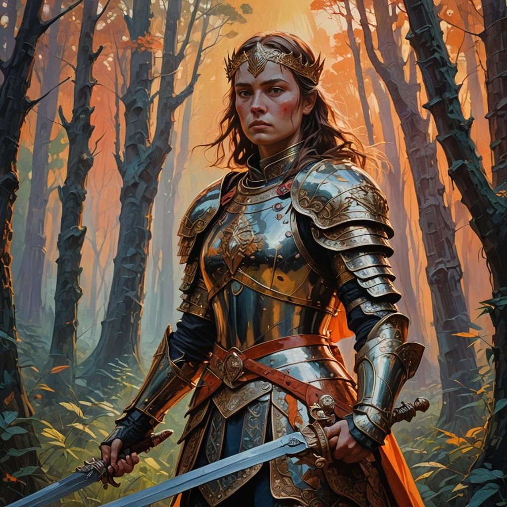 Regal Female Warrior in Mystical Forest, Digital Art