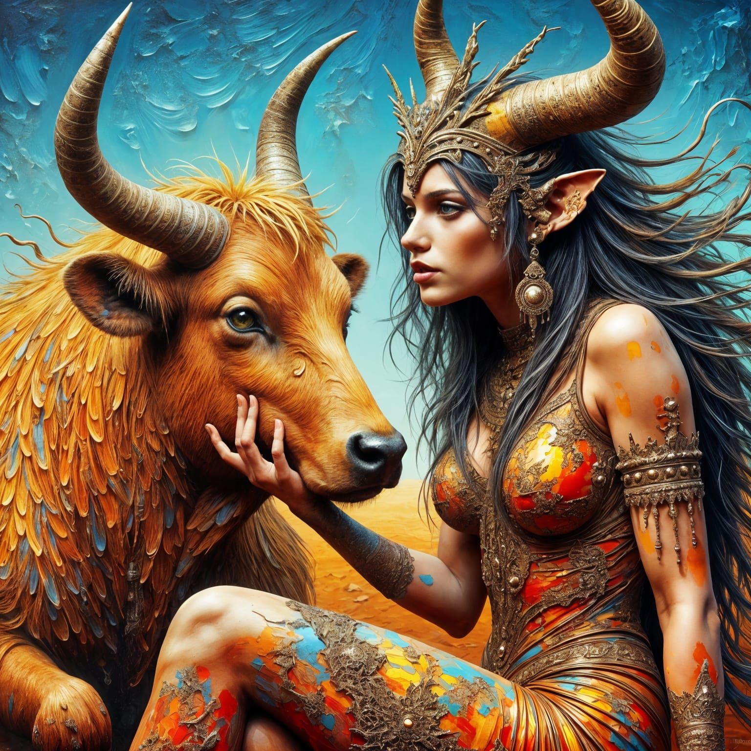 Goddess Hathor with African Cow, as Impasto Painting