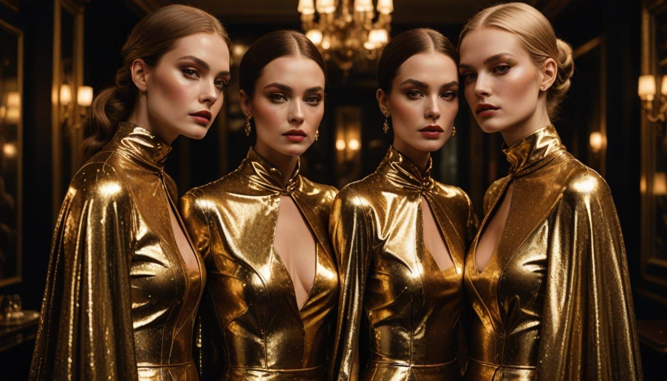 Three Women in Elegant Gold Latex Attire Embracing in a Luxu...