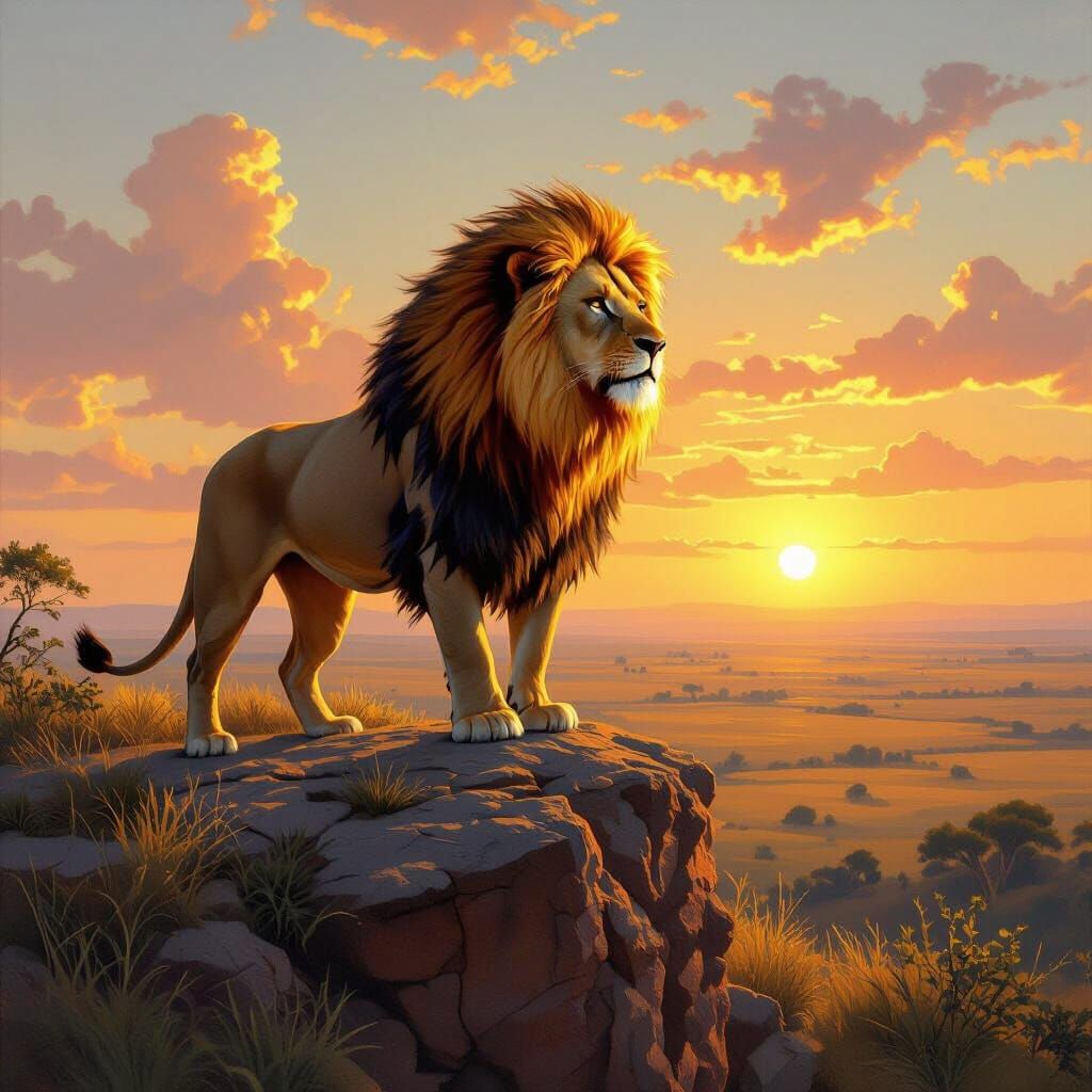 Lion with Fiery Mane in Classical Oil Painting Style