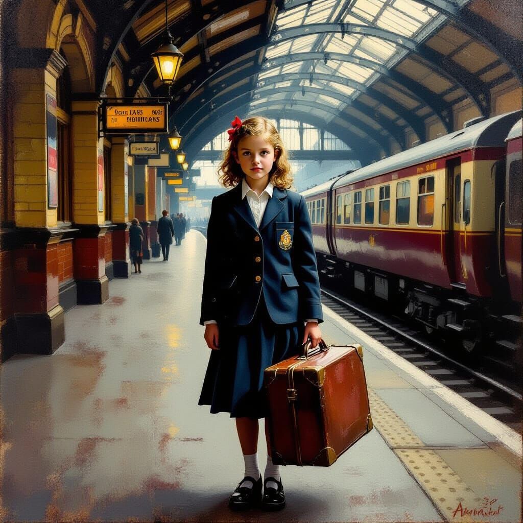 1950s Schoolgirl Waiting at Station: An Impasto Painting