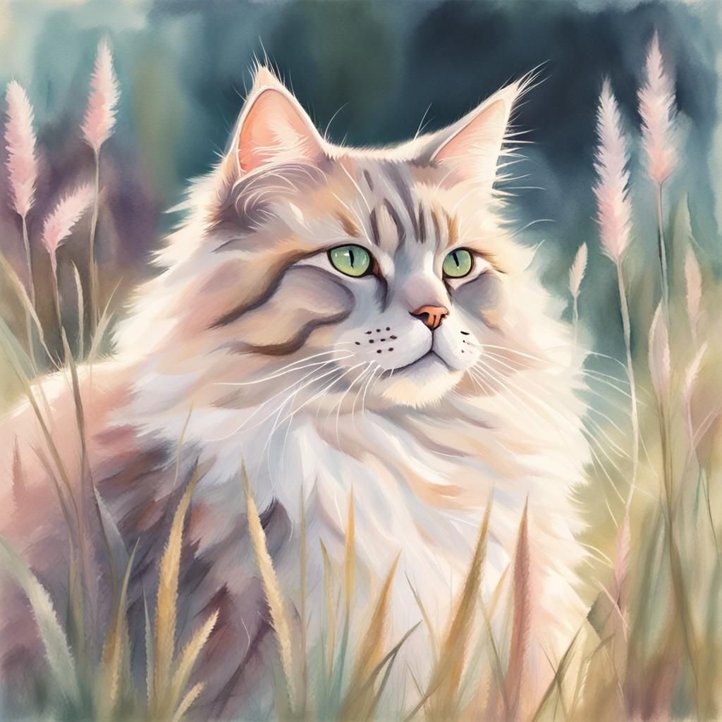 Giant Fluffy Cat in Impressionist Pastel Illustration