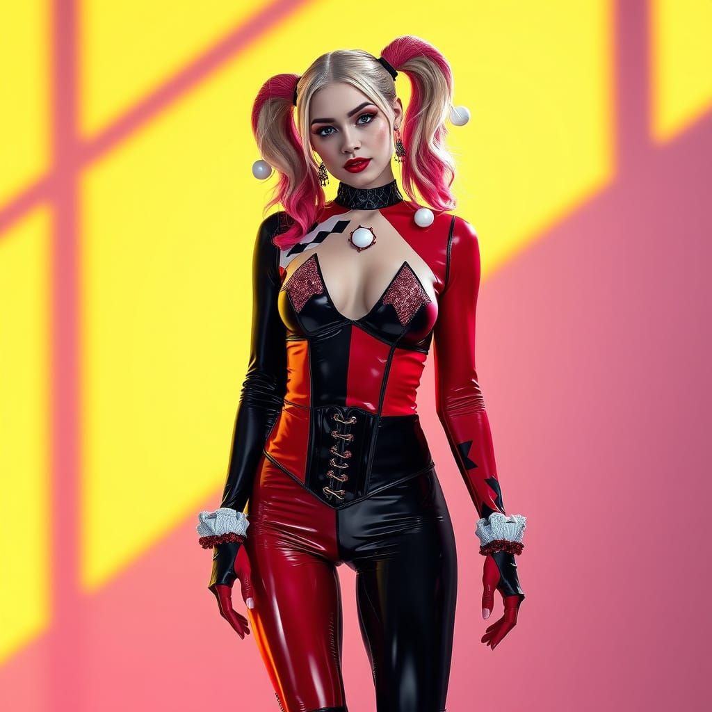 Stunning Harley Quinn in Hyperrealistic Red and Black Jester...