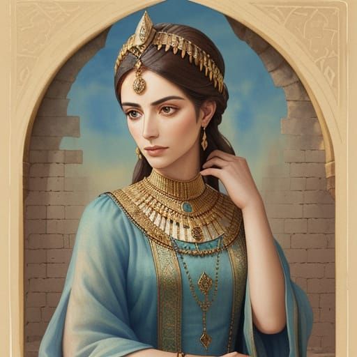 Watercolor Portrait of Babylonian Noblewoman in Bronze Age A...