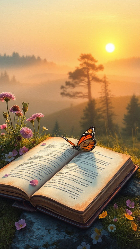 Open Book Among Wildflowers in Dreamy Landscape