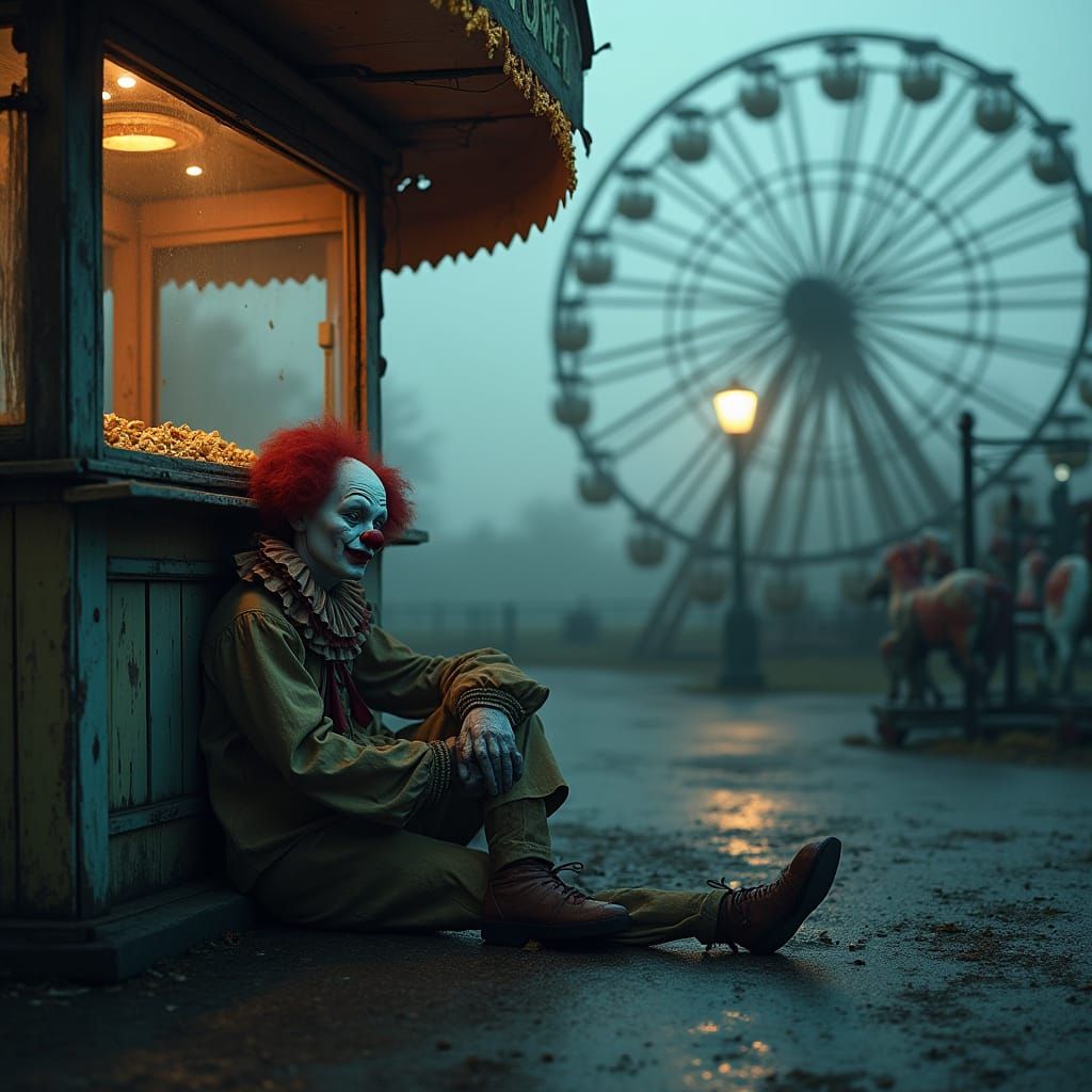 Eerie Amusement Park at Twilight: A Dystopian Vision