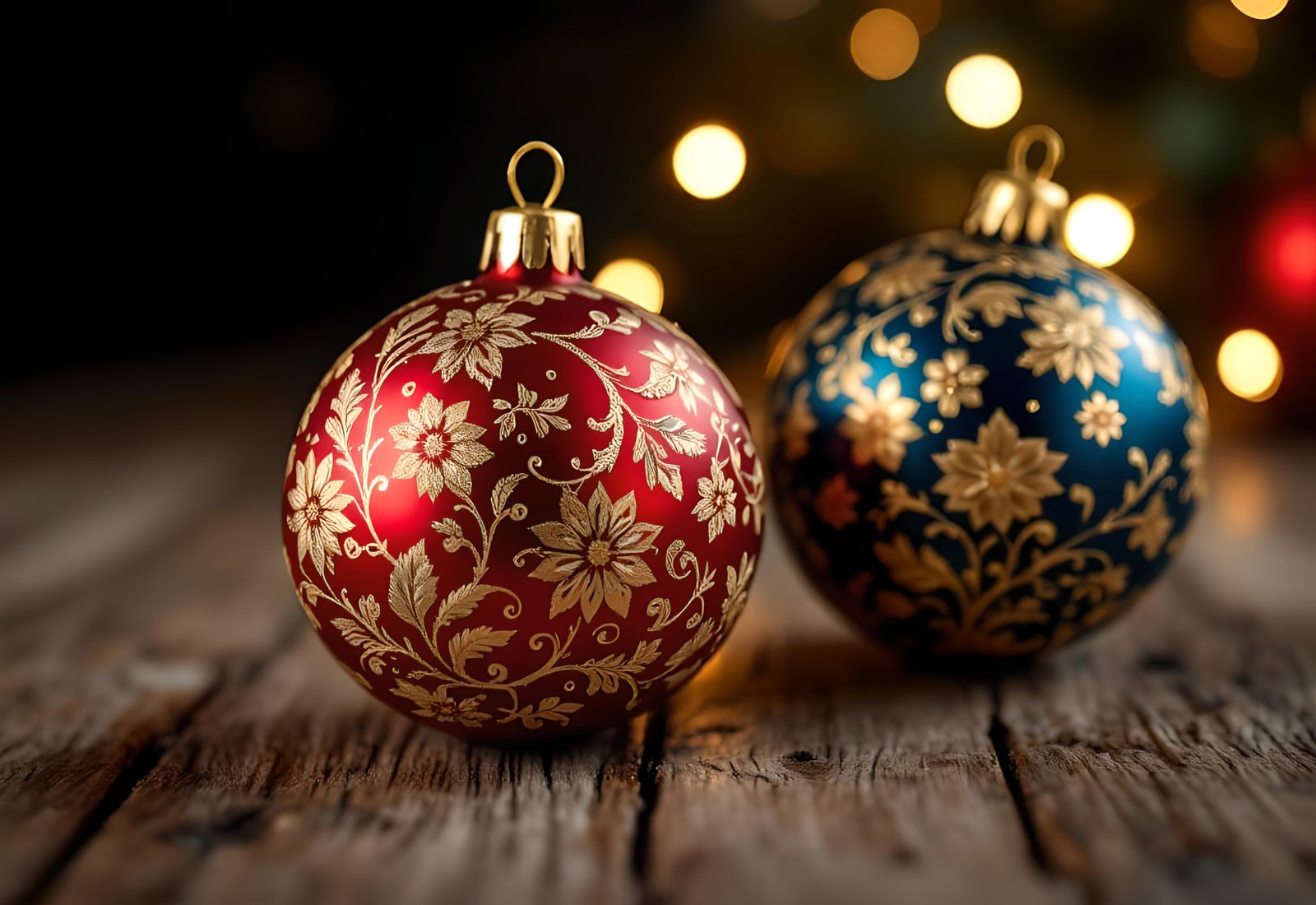 Intricate Christmas Ornaments on Rustic Wood