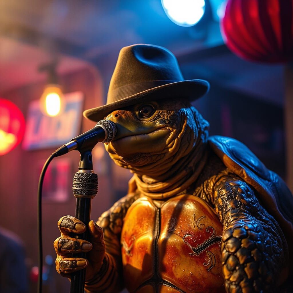 Singing Turtle in Smoky Jazz Club, Hyperrealistic Style