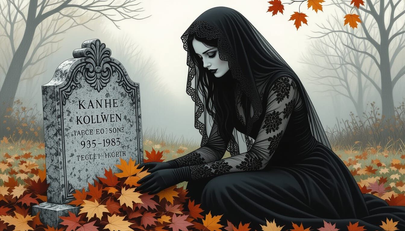 Goth Woman Clears Leaves from Gravestone in Charcoal Drawing