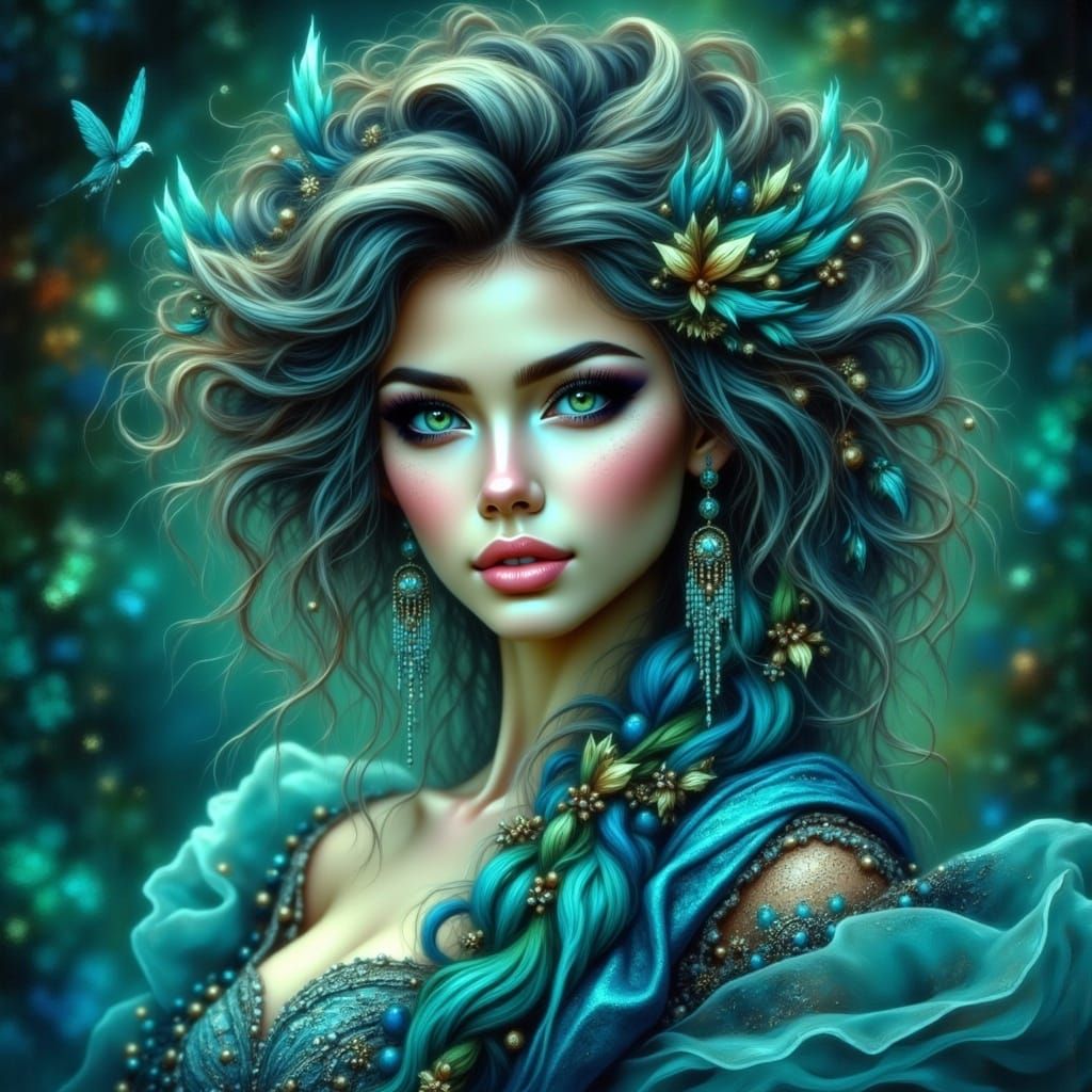 Green Eyed Alien Goddess in Luminescent Gown