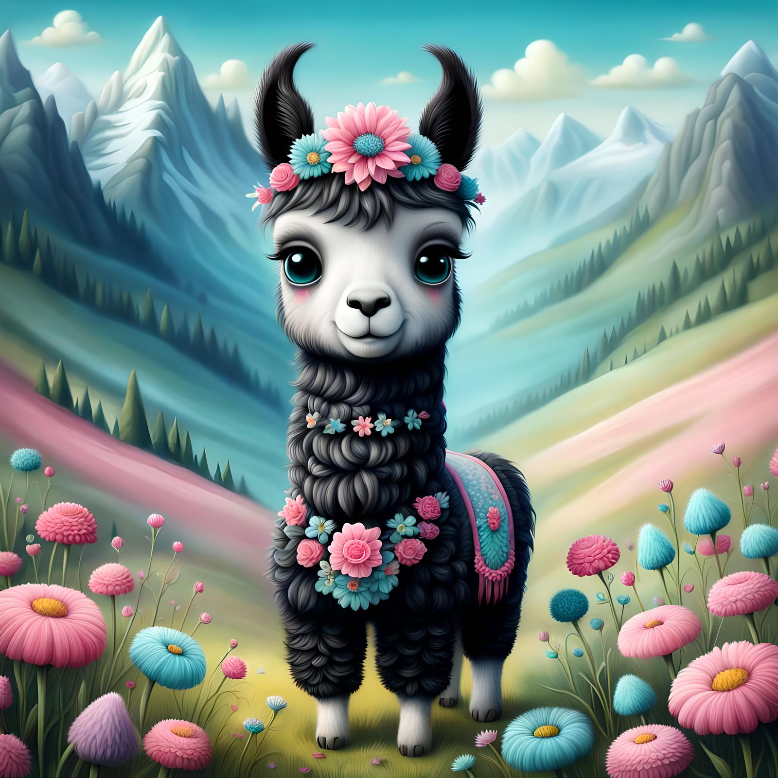Whimsical Llama with Flower Crown, Surreal Illustration