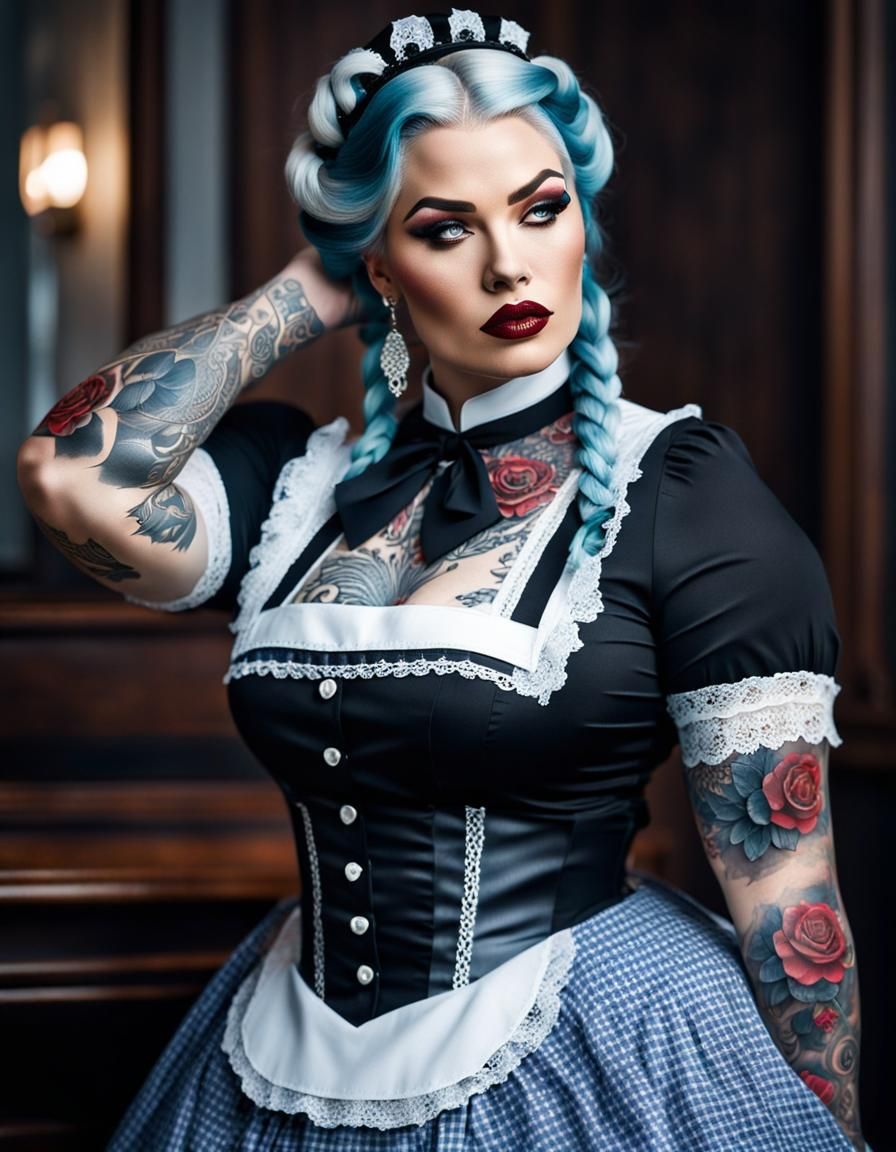 Tattooed Maid in Lace Plaid: Cinematic Portrait