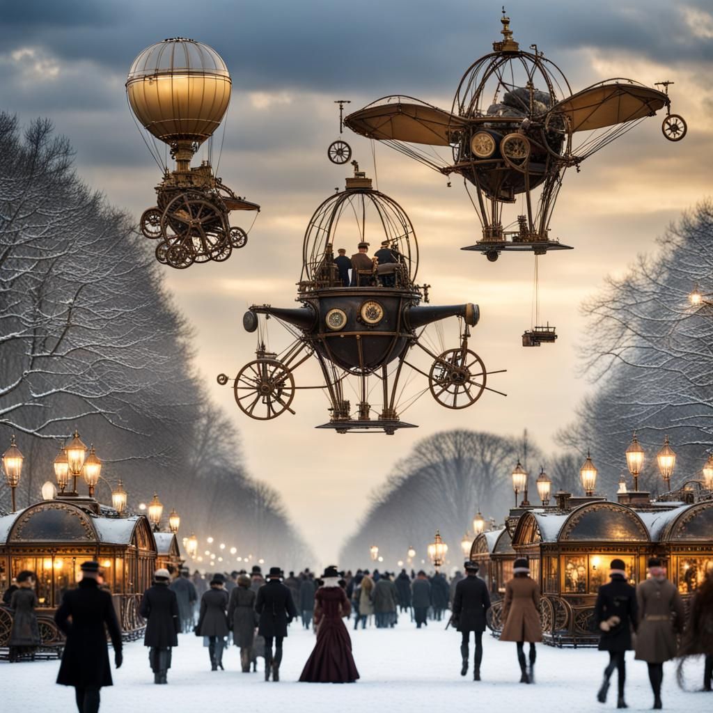 Steampunk Victorian Hyde Park in winter at Christmas with flying machines