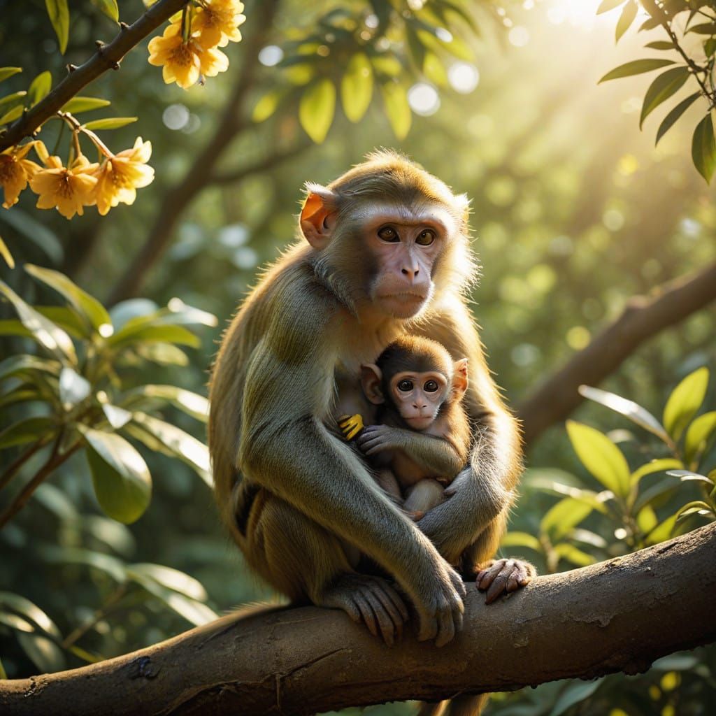 Mother Monkey and Baby Monkey in Serene Tropical Haven