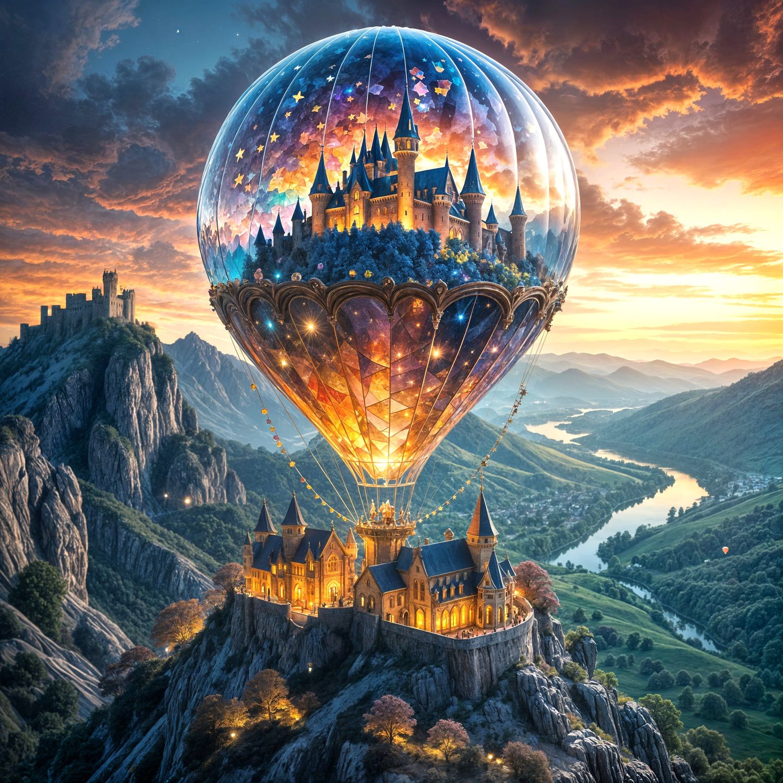 Crystal Hot Air Balloon Over Fairytale Landscape