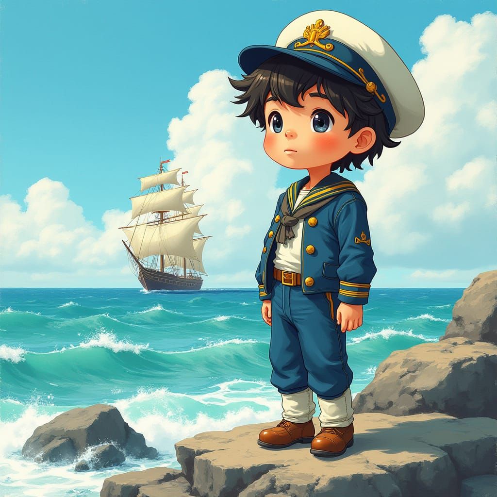 Whimsical Young Sailor on Rocky Coastline
