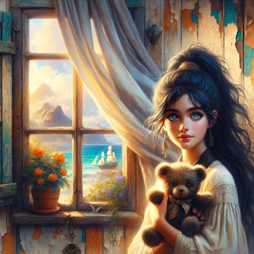 Fantasy Girl with Teddy Bear and Sea View