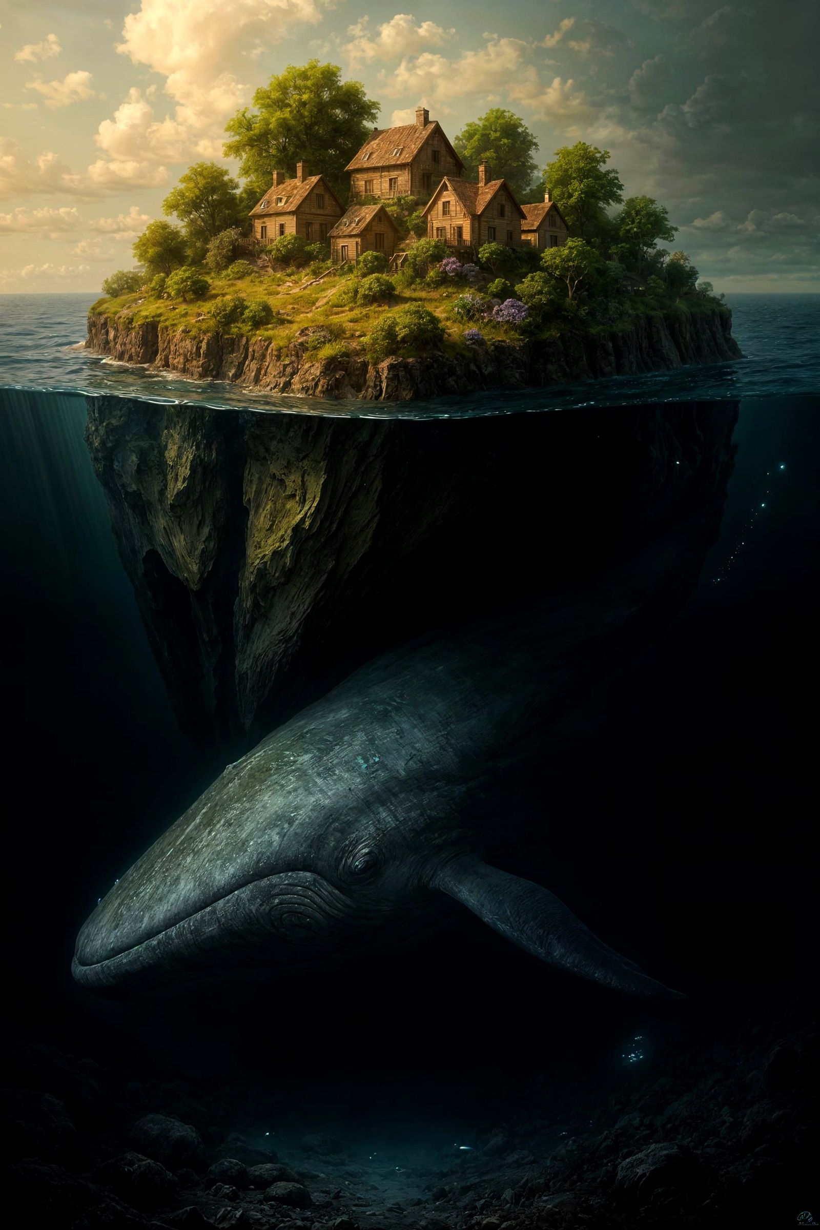 Surreal Island Cross-Section with Whale in Hyper-Realistic S...