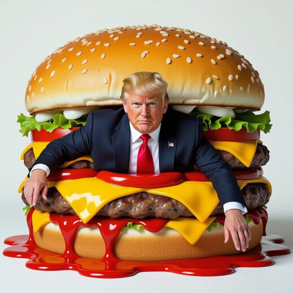 Man Crawling Out of Gigantic Cheeseburger, Pop-Art Style