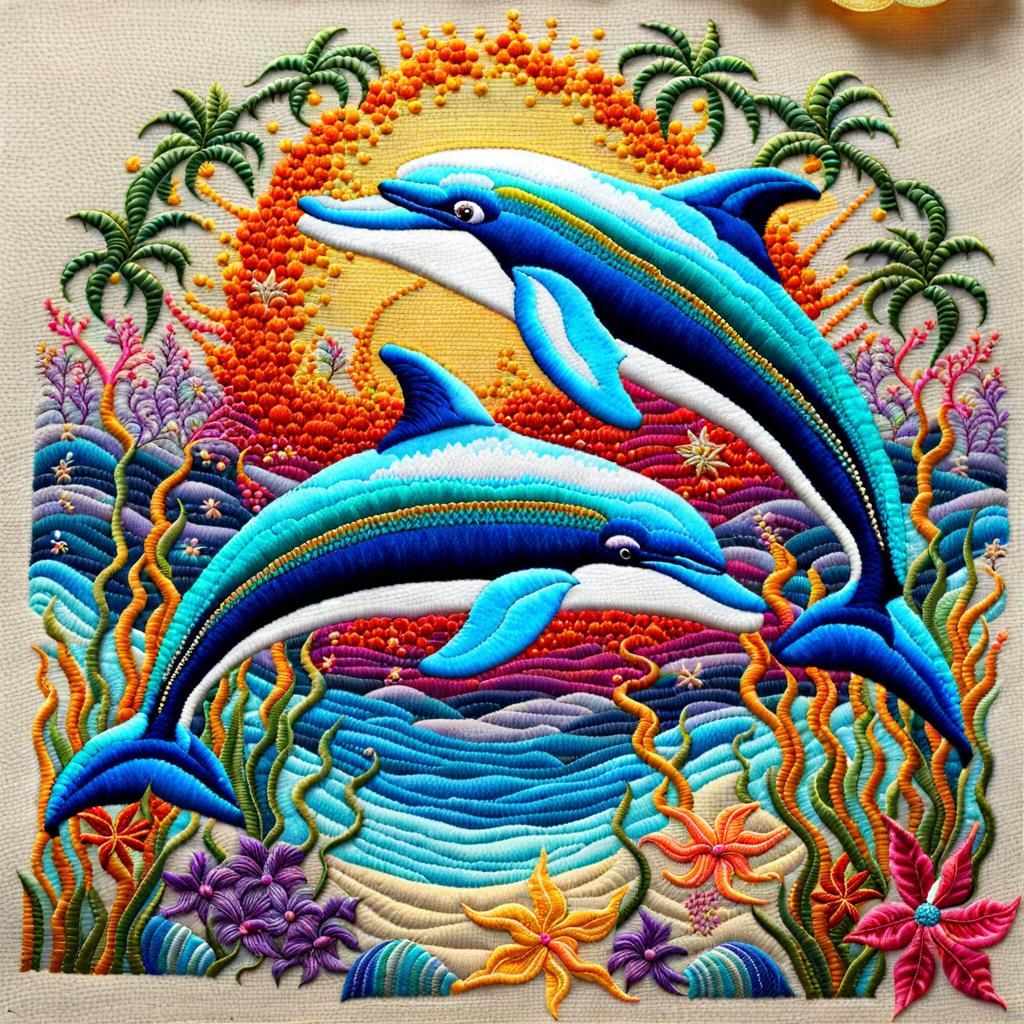 Embroidered Dolphins in a Tapestry Ocean Scene
