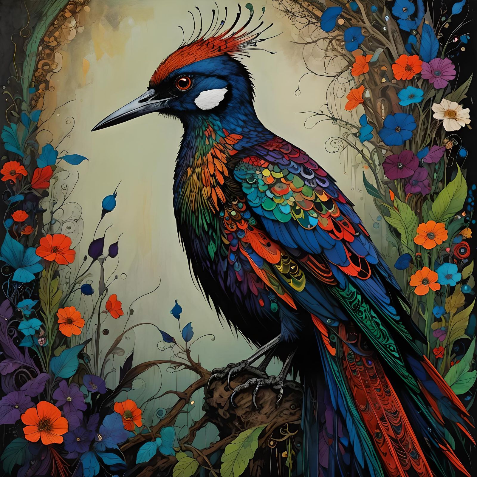 Mystical Bird Portrait in Bold Fantasy Oil Painting