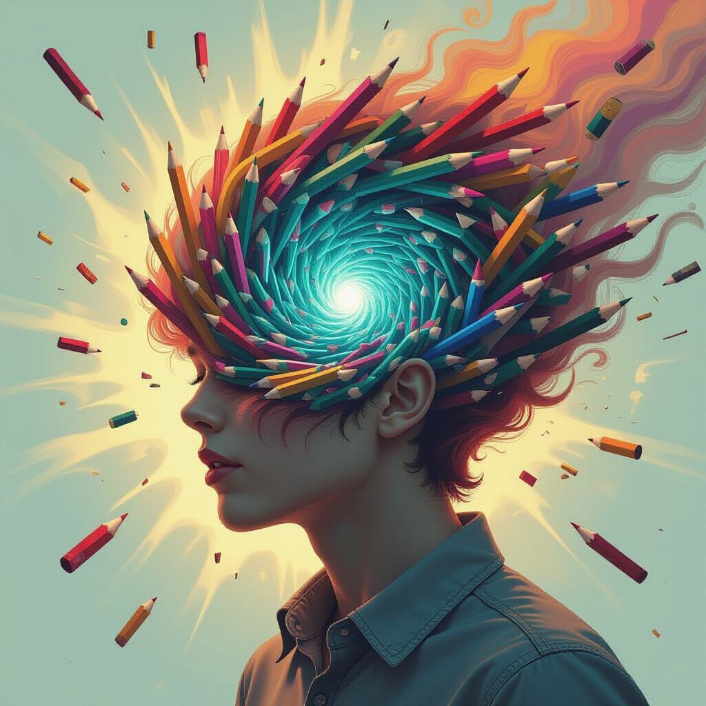 Head Transforms Into Swirling Vortex of Pencils