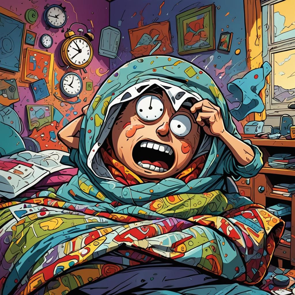 Frustrated Cartoon Character Hiding From Alarm Clock